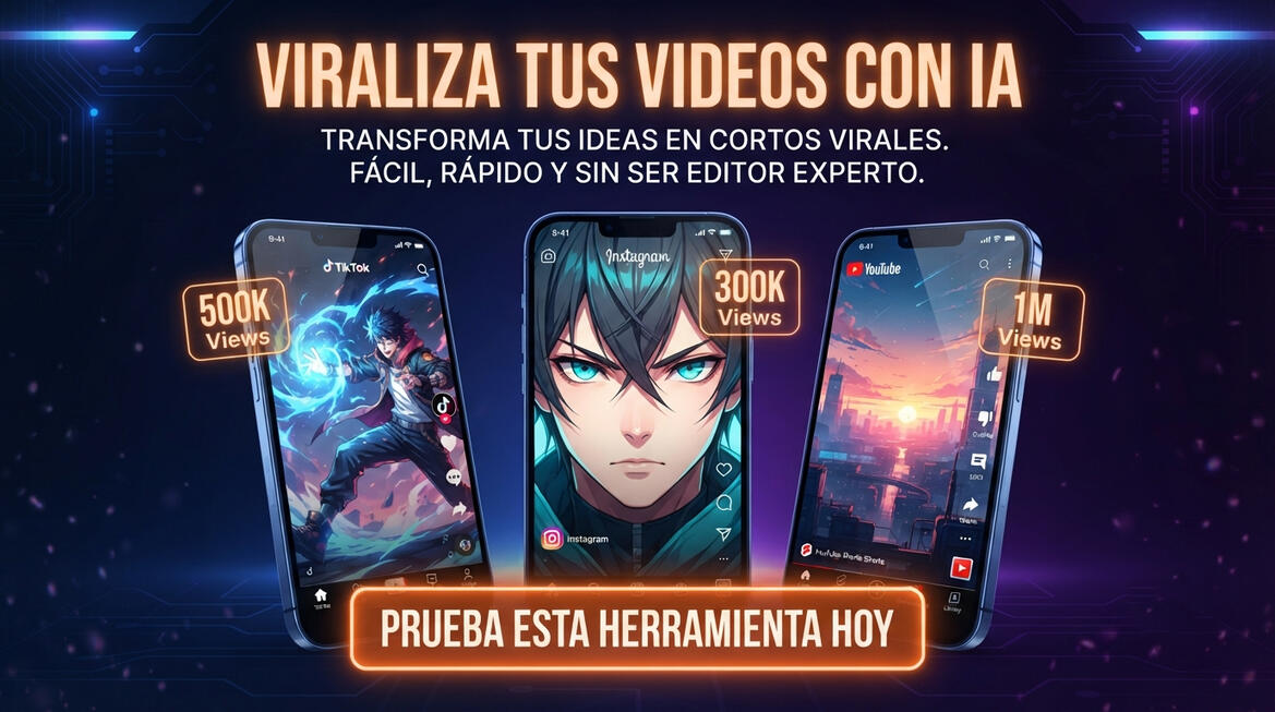 Banner de promoción de la herramienta IA ClipShort para crear videos virales de anime para TikTok, Instagram y YouTube Shorts. Incluye prueba social de 1M de vistas.